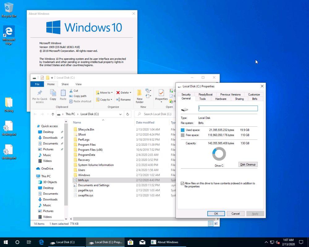 Windows 10 запустили из файловой системы Btrfs